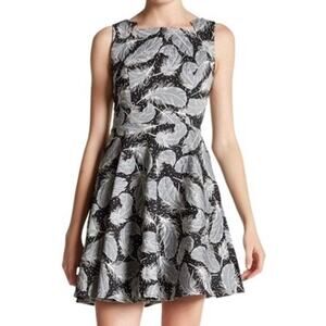 Eva Franco Fit & Flare Dress Black White Jacquard Feather Print Sleeveless Sz 10
